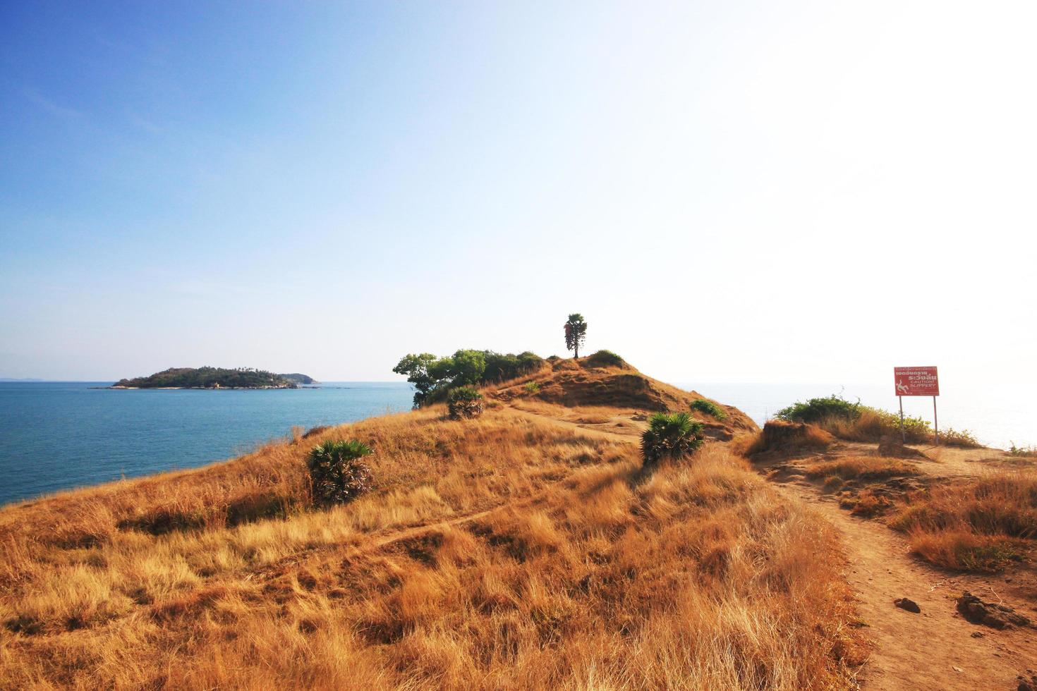 varning hal varning tecken på sten berg cape.vacker marinmålning med solnedgång och handflatan träd på torr gräs fält på berg av från thep cape i phuket ö, thailand. foto