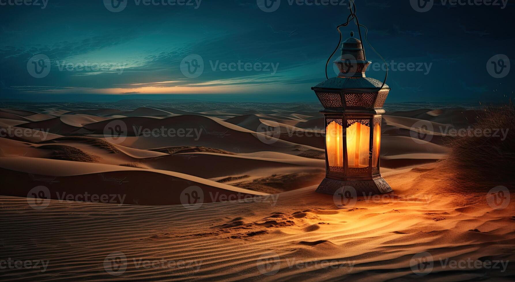 ramadan islamic lykta på öken- bakgrund, i de stil av romantisk månljus havslandskap, blå och bärnsten, mystisk drömlandskap, dekorativ målningar, illustration generativ ai foto