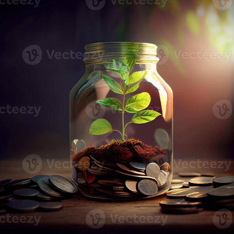 pengar för företag investering finansiera och bank begrepp. grön växt löv tillväxt upp på rad av sparande mynt stack på trä tabell. generativ ai foto