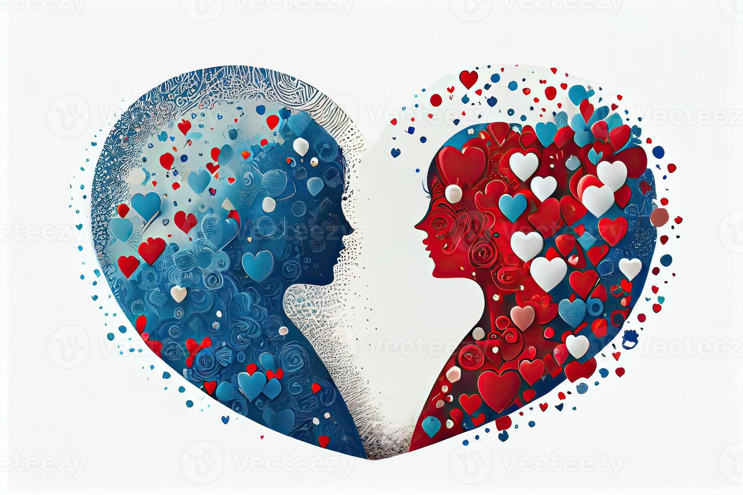 kärlek samhörighet och roman begrepp. ung kärleksfull par. illustration par skapas från en kärlek hjärta ikon. par på de bakgrund av de hjärta. generativ ai foto