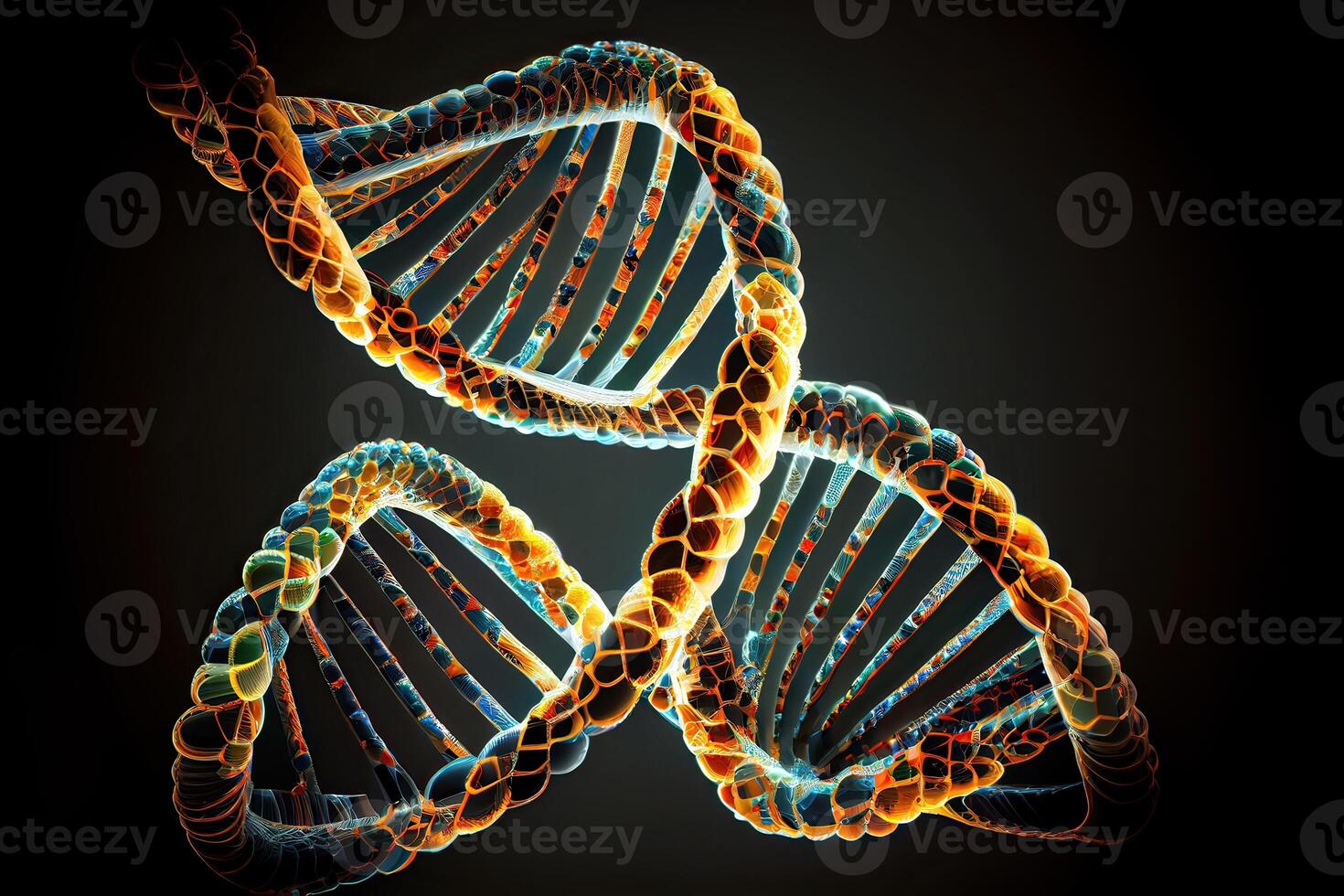 molekyl av dna, dubbel- helix, 3d illustration. genetisk mutation och genetisk störningar. abstrakt dna dubbel- helix med djup av fält. generativ ai foto
