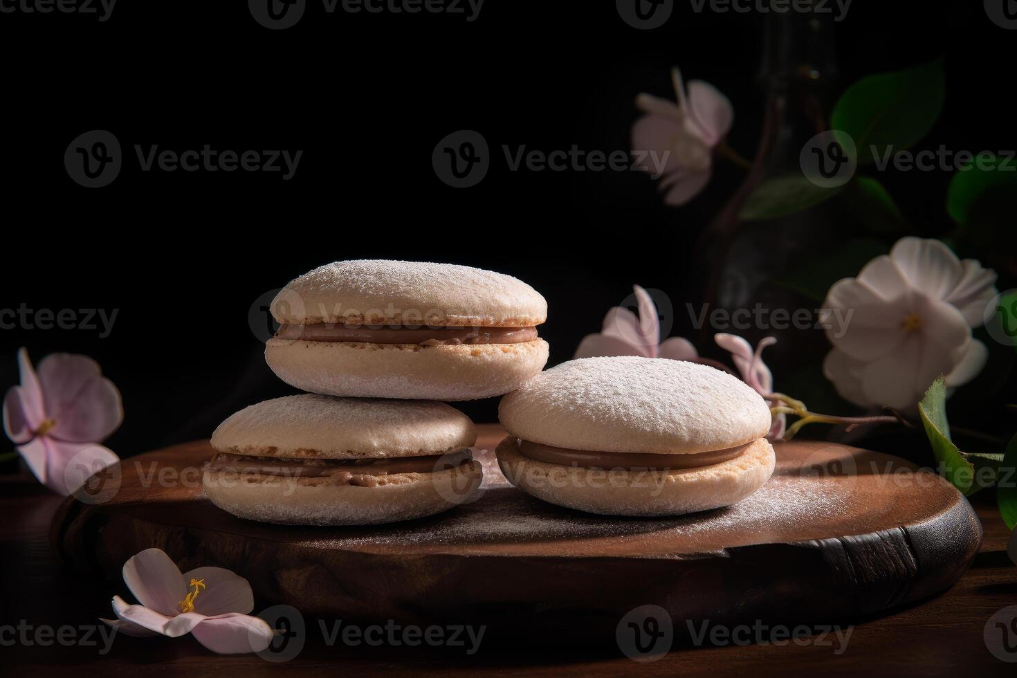 mjuk nyanser av de ljuv alfajores med blommor generativ ai foto