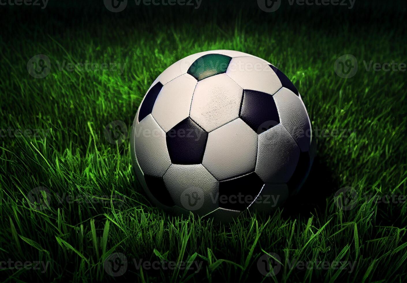 klassisk fotboll boll i en fotboll stadion på en grön gräsmatta - ai genererad bild foto
