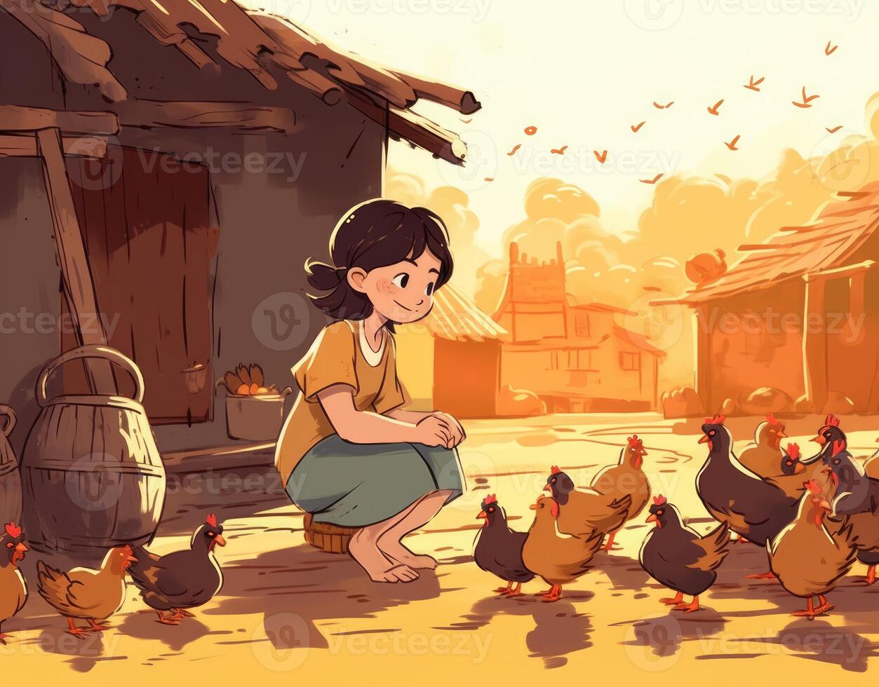 ung flicka matning kycklingar tecknad serie platt illustration, generativ ai foto