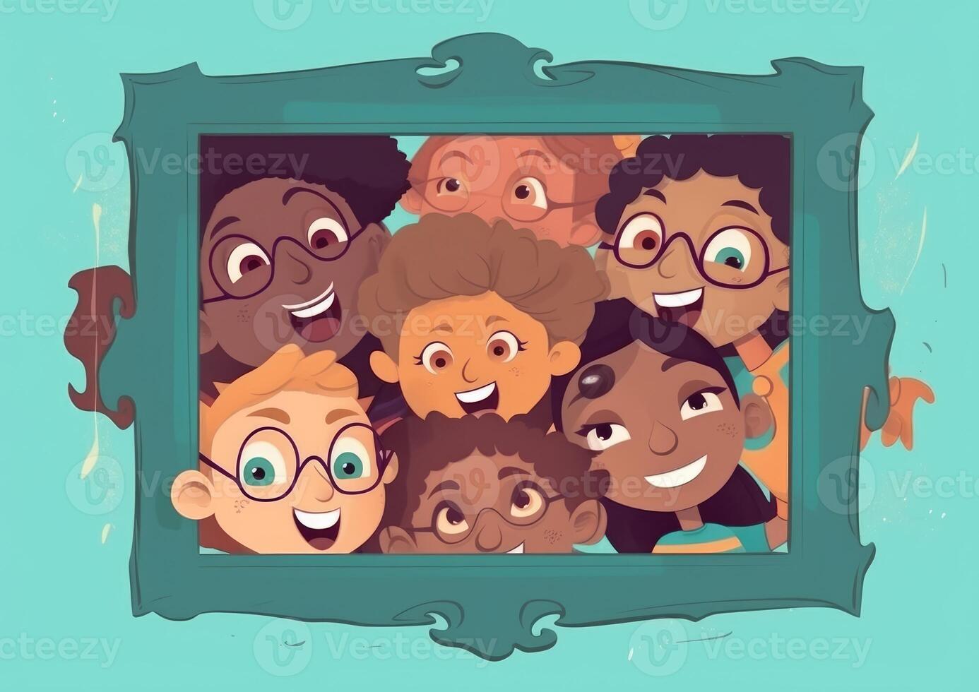 tecknad serie illustration med flera olika barn och utrymmen för din text. generativ ai foto