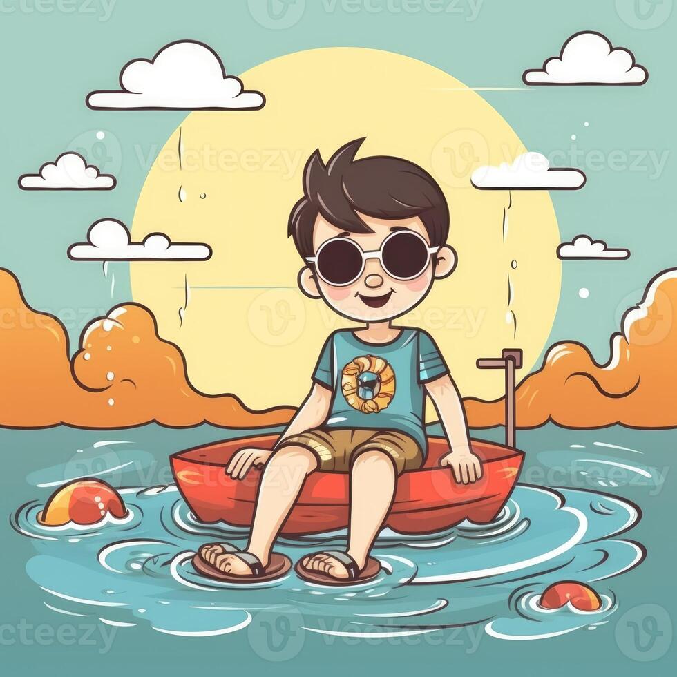 pojke njuter sommar Semester, tecknad serie illustration med generativ ai foto
