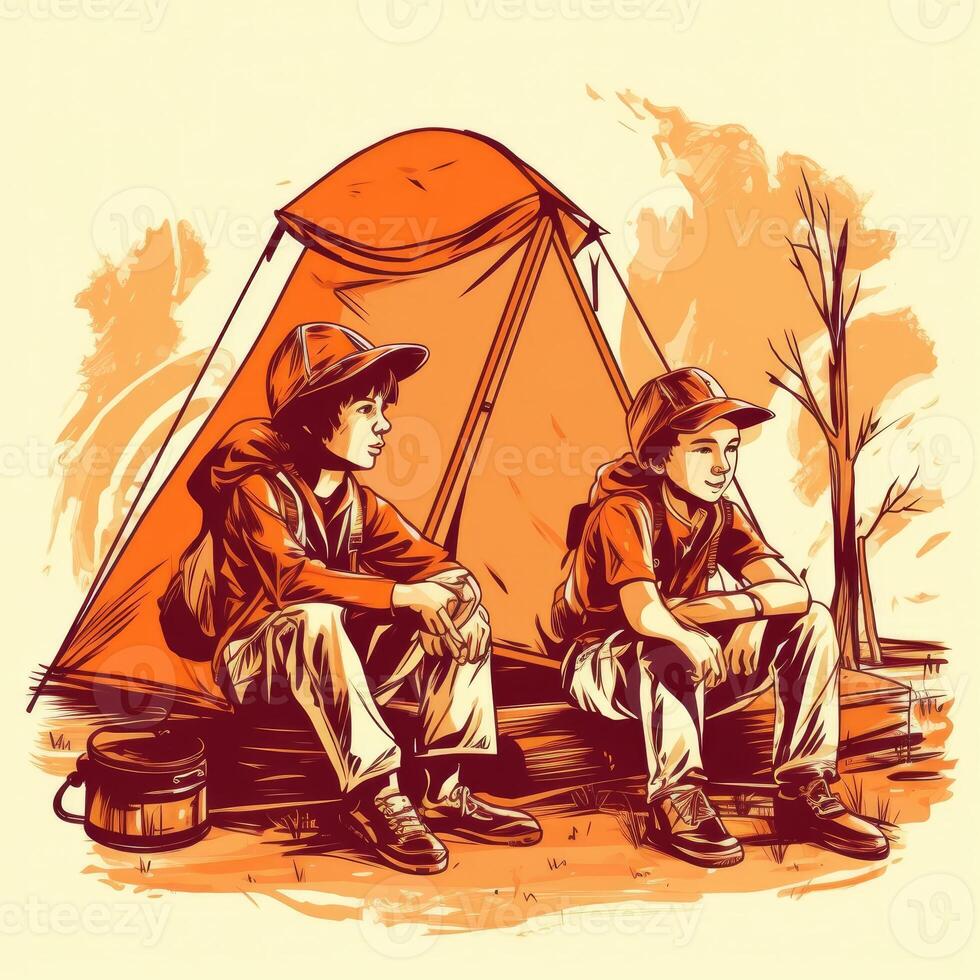 barn med en läger stol och tält, tecknad serie illustration med generativ ai foto