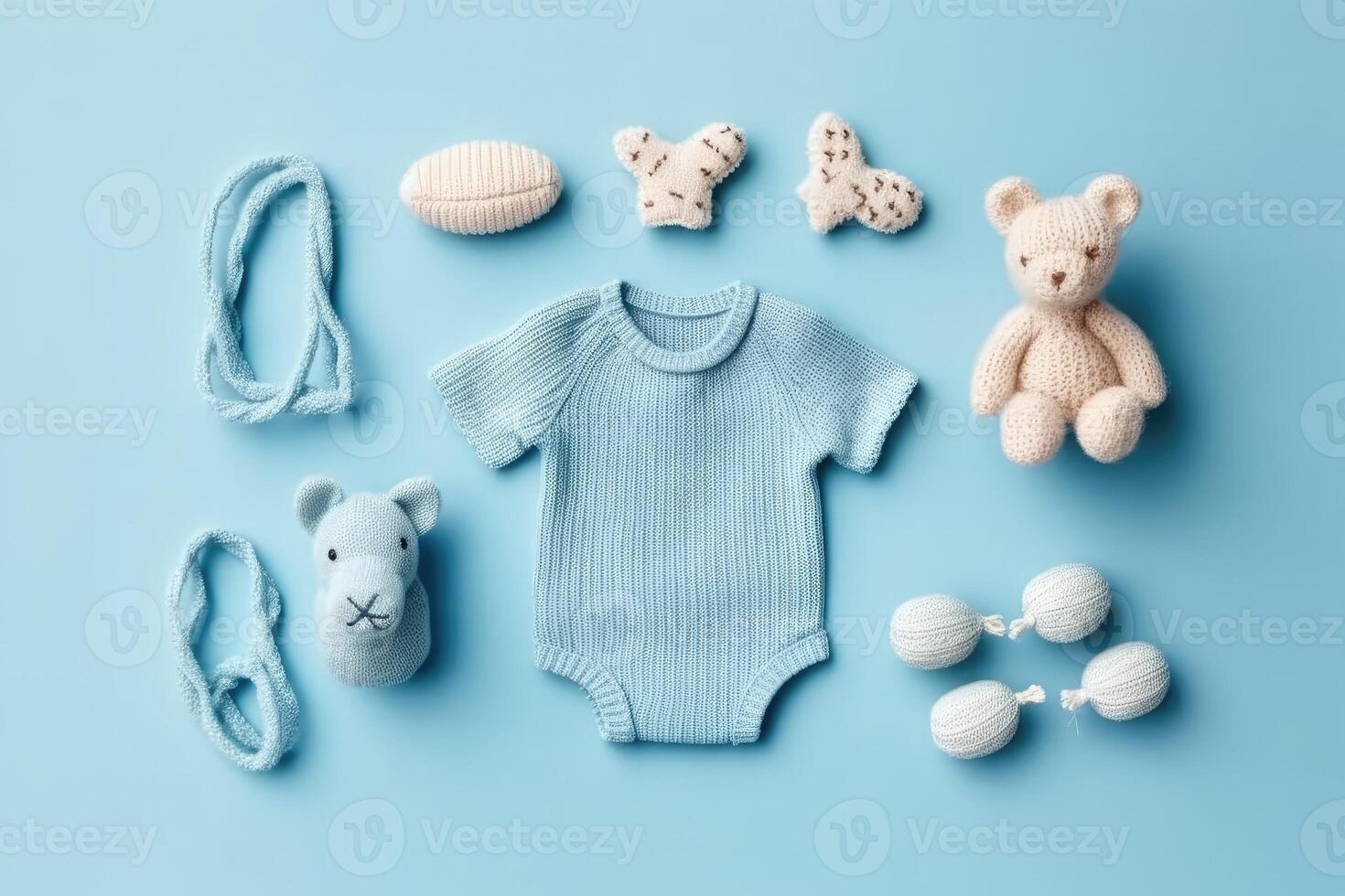 bebis Tillbehör begrepp. topp se Foto av bebis kläder med tömma Plats på isolerat pastell bakgrund. generativ ai