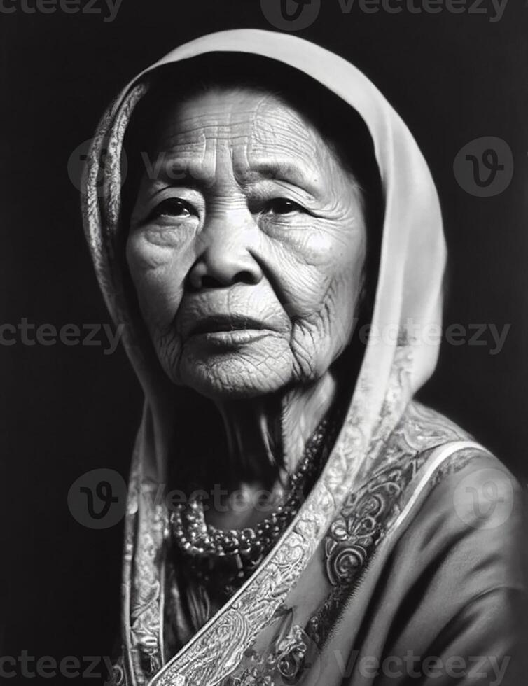äldre japansk kvinna, porträtt i svart och vit stil. generativ ai foto