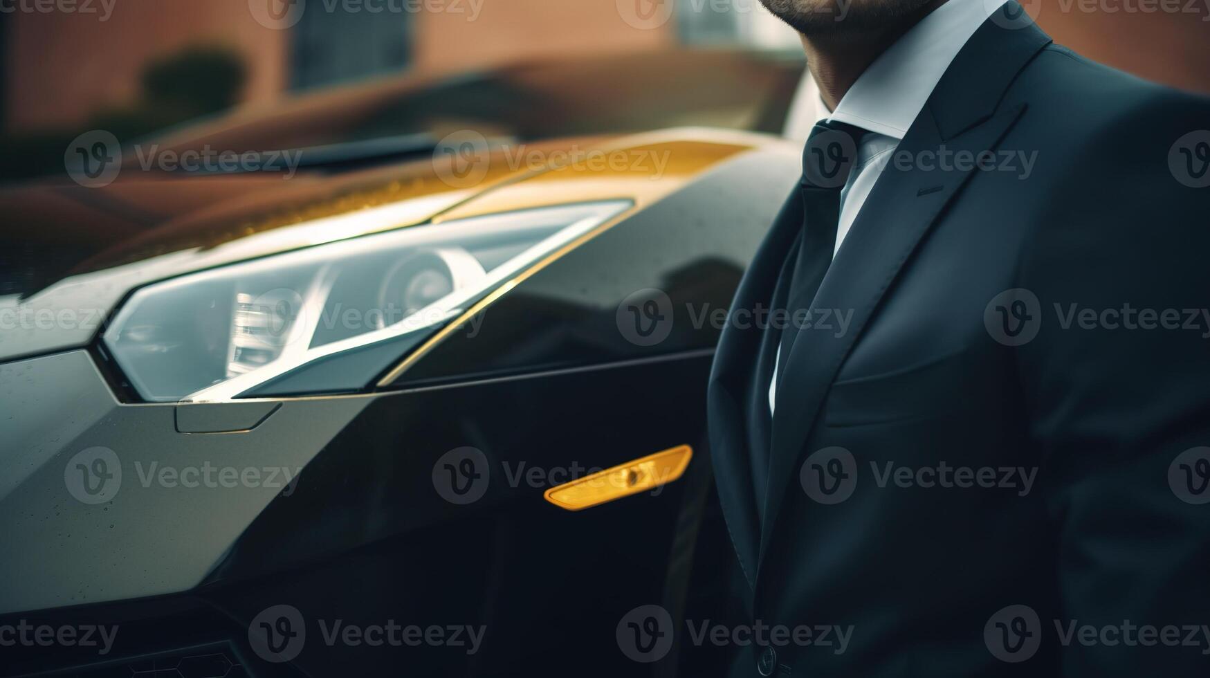 en närbild av en rik affärsman stående i främre av en lyxig superbil. generativ ai foto