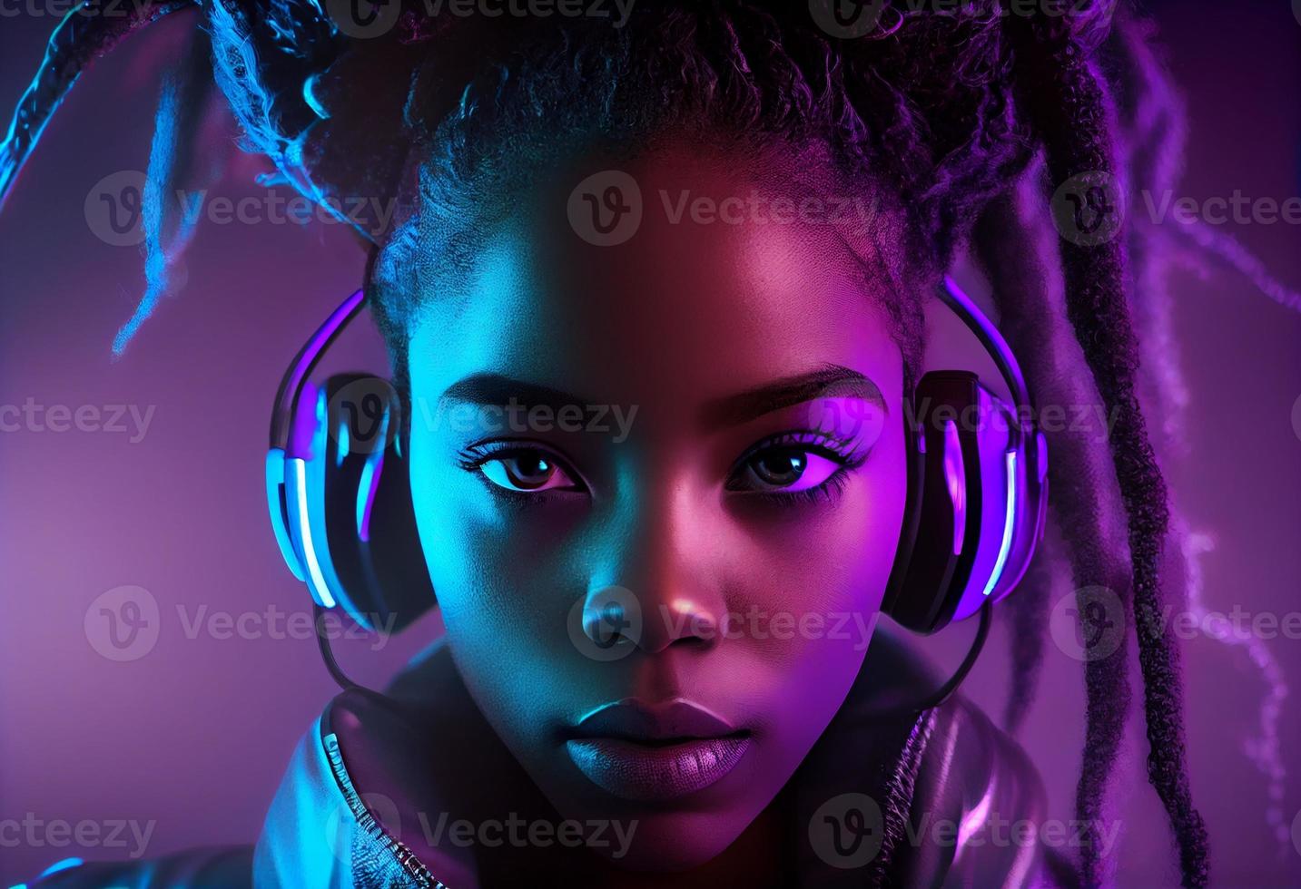eleganta mode afrikansk amerikan tonåring modell bär hörlurar lyssnande dj musik dans i lila neon lampor. generera ai foto