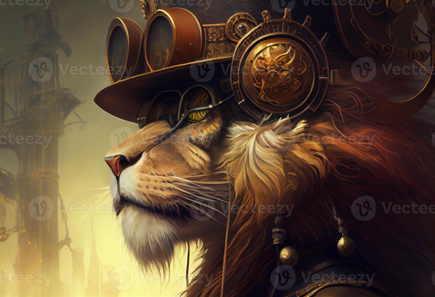 en lejon bär en steampunk hatt och en steampunk mask, fantasi konst, steampunk. generera ai foto