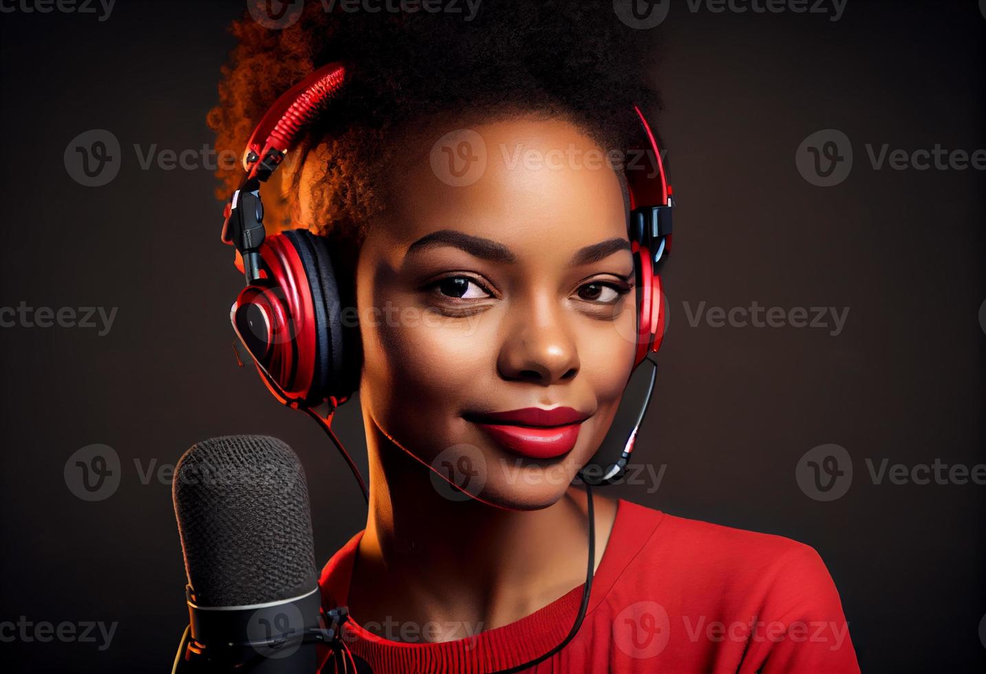 ung afrikansk amerikan kvinna i röd t-shirt, radio värd med hörlurar och mikrofon, porträtt . generera ai. foto