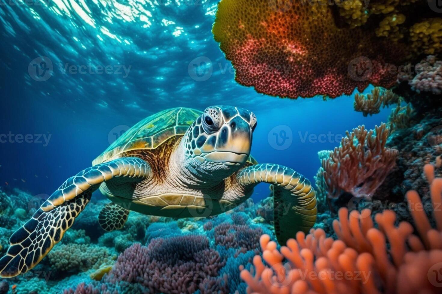 hav sköldpadda simning i de under hav , skön under vattnet och color korall i vild natur av de pacific hav. generera ai foto