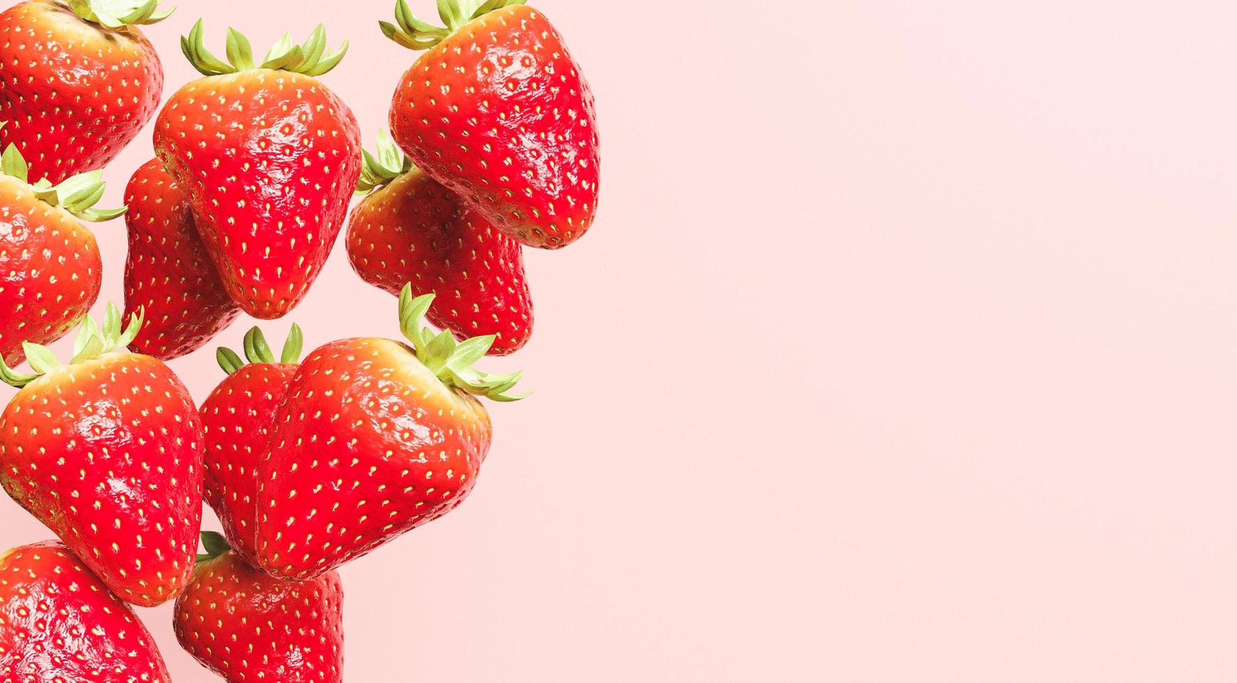 fallande jordgubbar med röd bakgrund och utrymme för text, 3d illustration foto