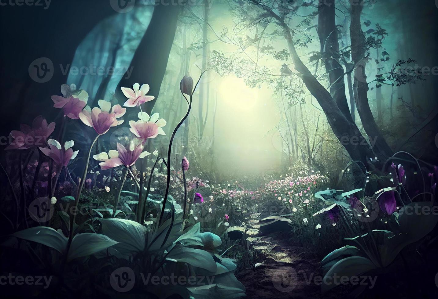 Foto fantasi landskap magisk skog bakgrund med stor blomma. generera ai