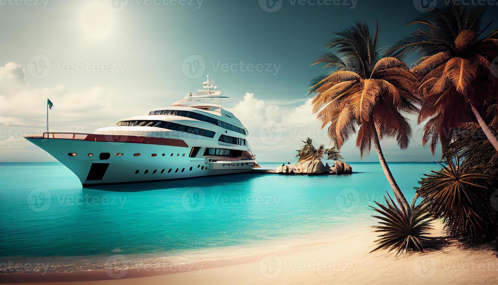 lyx Yacht dockning på en paradis strand med turkos vattnen och handflatan träd . generera ai foto