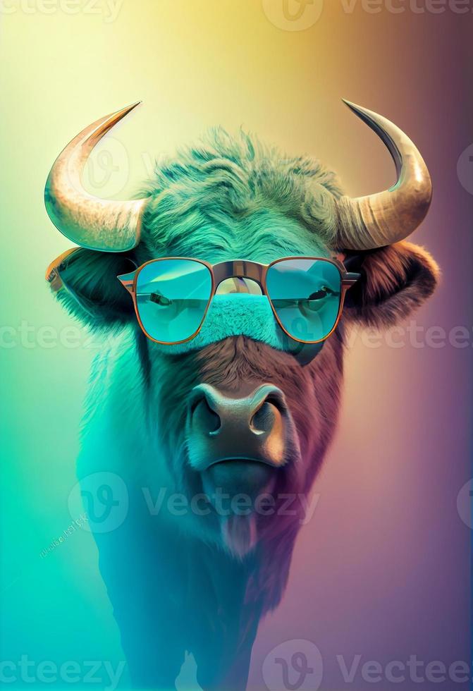 kreativ djur- sammansättning. buffel bär nyanser solglasögon monokel isolerat. pastell lutning bakgrund. med text kopia Plats. generera ai foto
