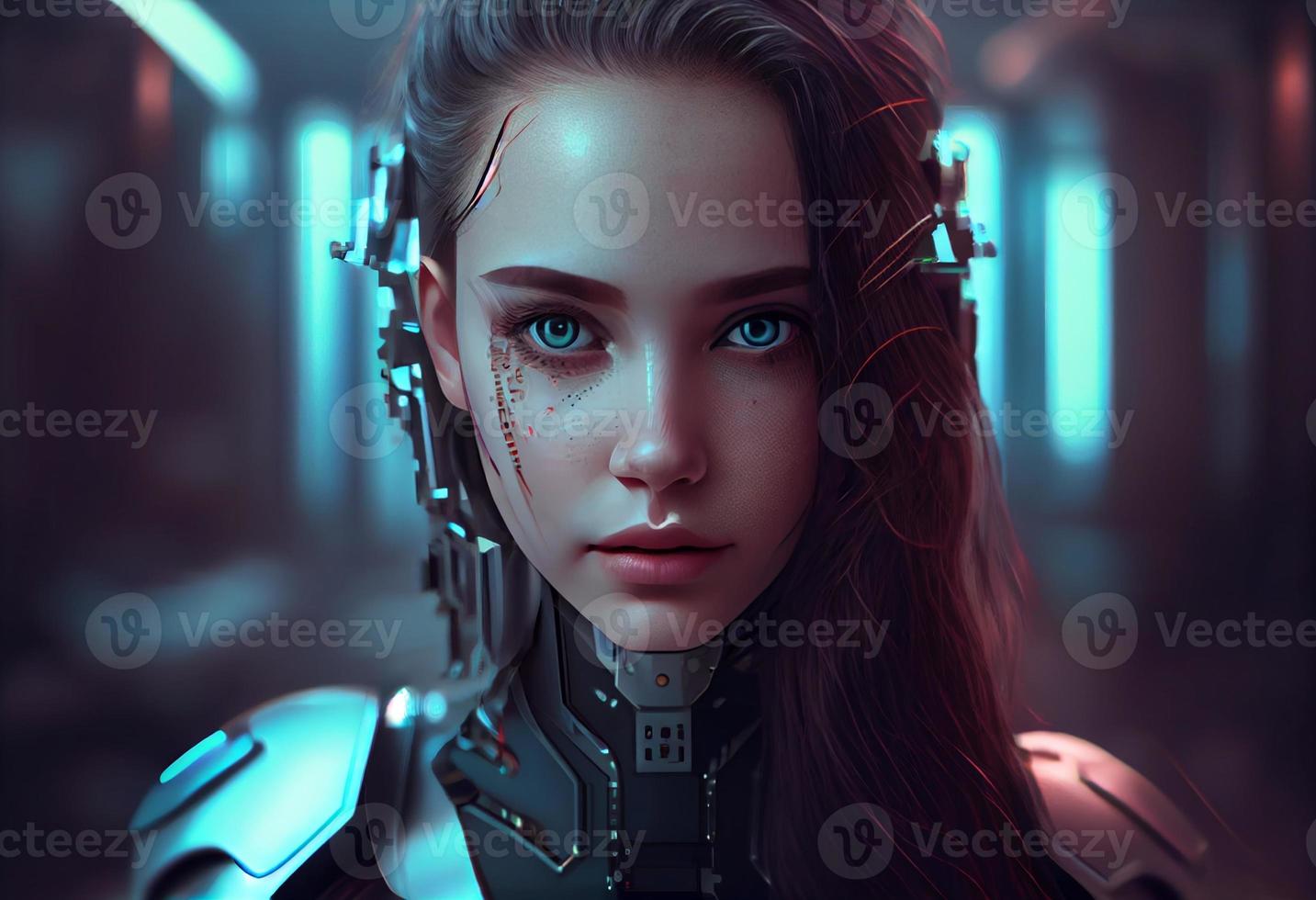 artificiell intelligens en humanoid cyber flicka med teknologi smart robot ai. generera ai foto