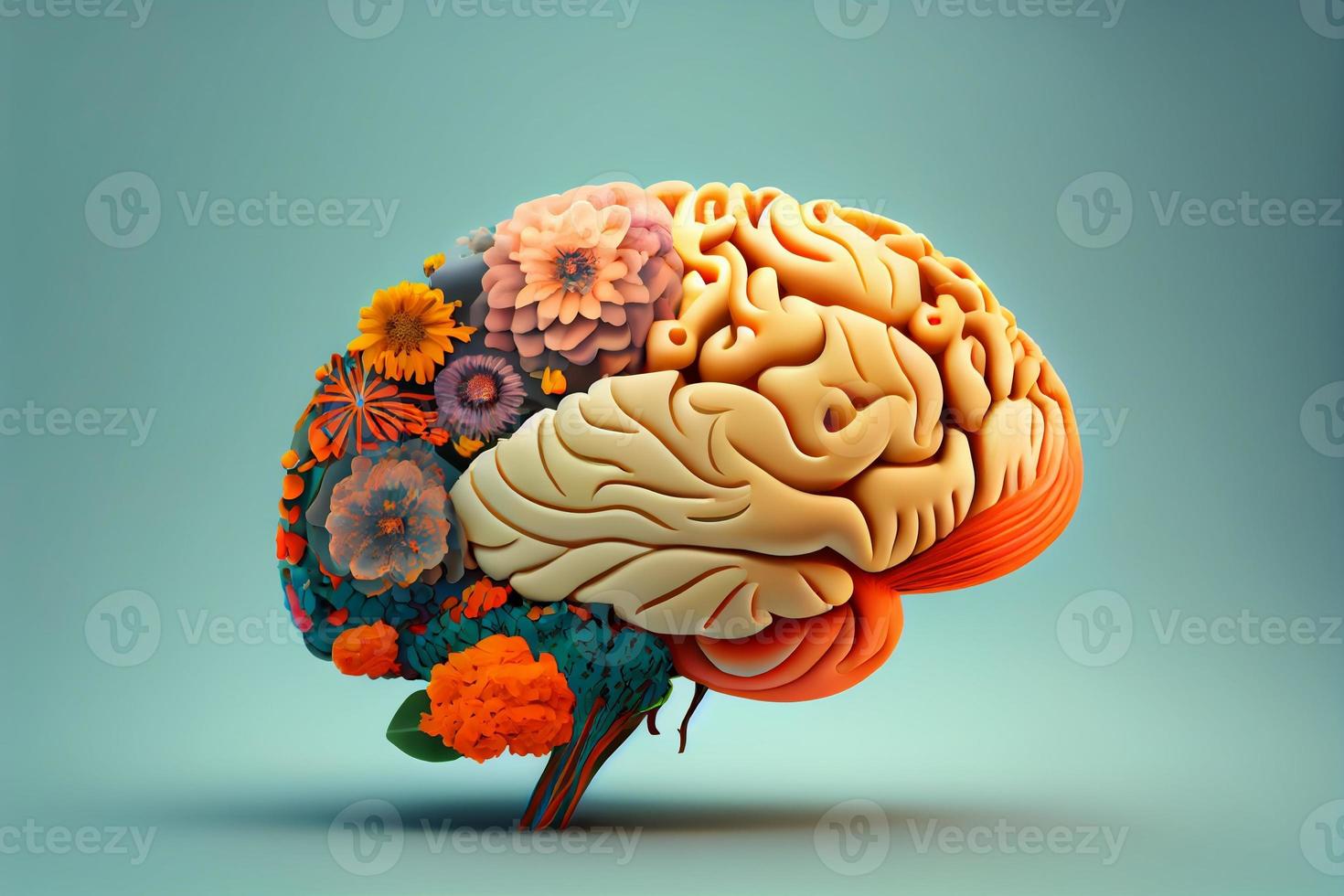 mänsklig hjärna med blommor, själv vård och mental hälsa begrepp, positiv attityd , kreativ sinne. generera ai foto