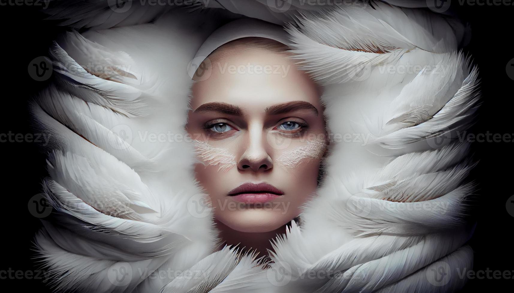 en kvinnas ansikte fastnar ut i de mitten av Allt de gås vit fjäder. generera ai foto