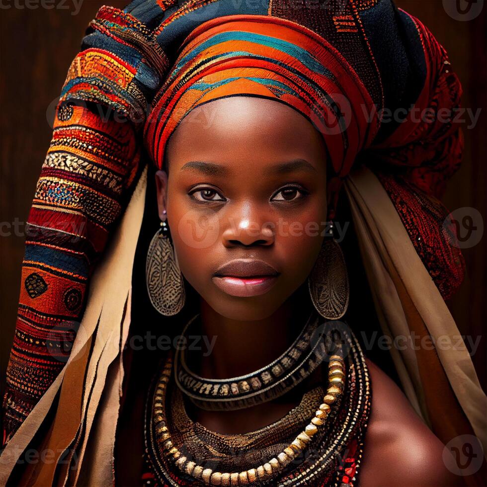 porträtt realistisk grafik av ett afrikansk kvinna med stark ansiktsbehandling funktioner i nationell kläder - ai genererad bild foto
