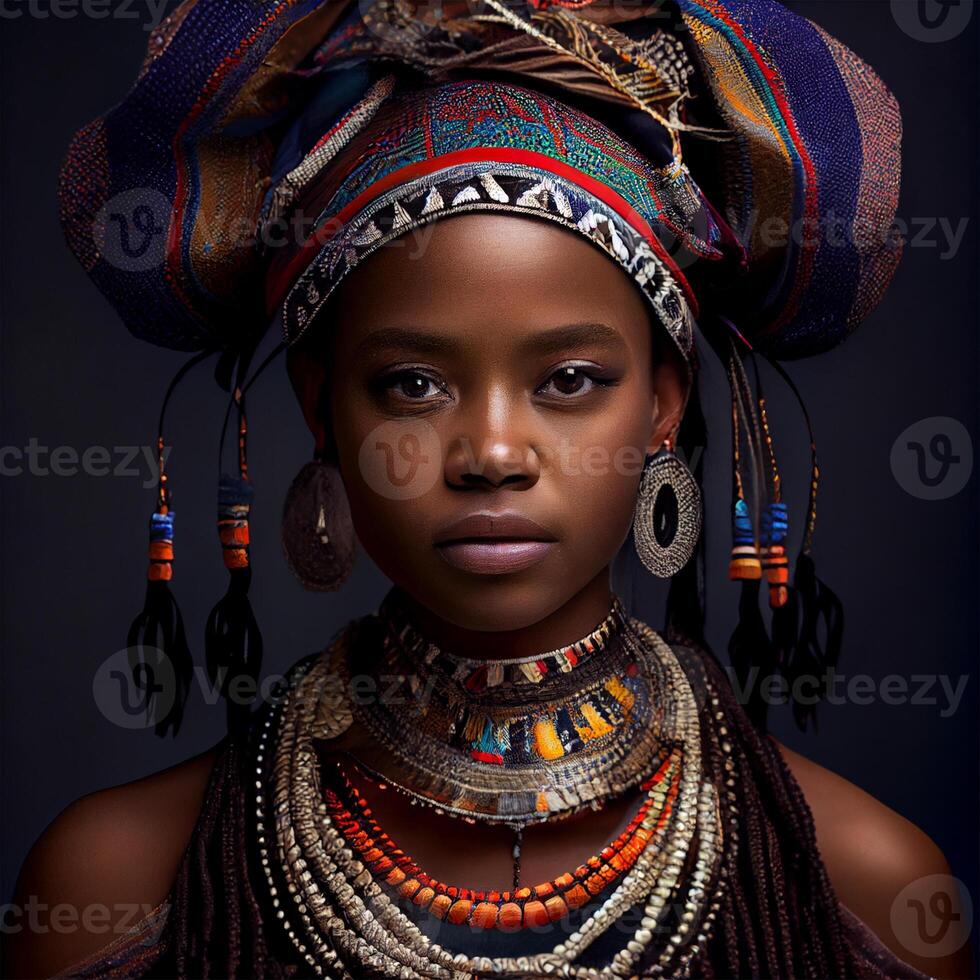 porträtt realistisk grafik av ett afrikansk kvinna med stark ansiktsbehandling funktioner i nationell kläder - ai genererad bild foto