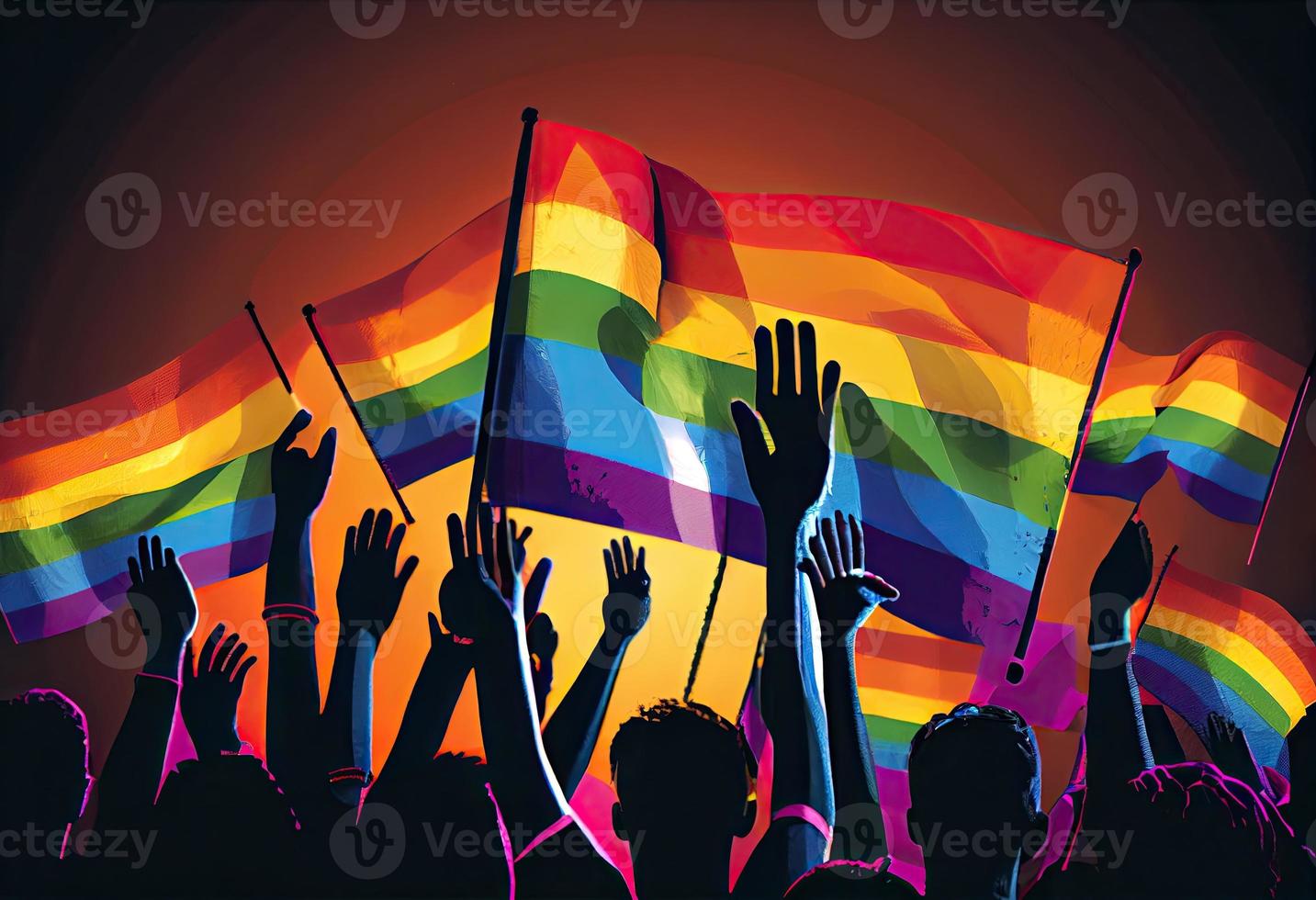 stolthet gemenskap på en parad med händer Uppfostrad och de HBTQ flagga . generera ai. foto