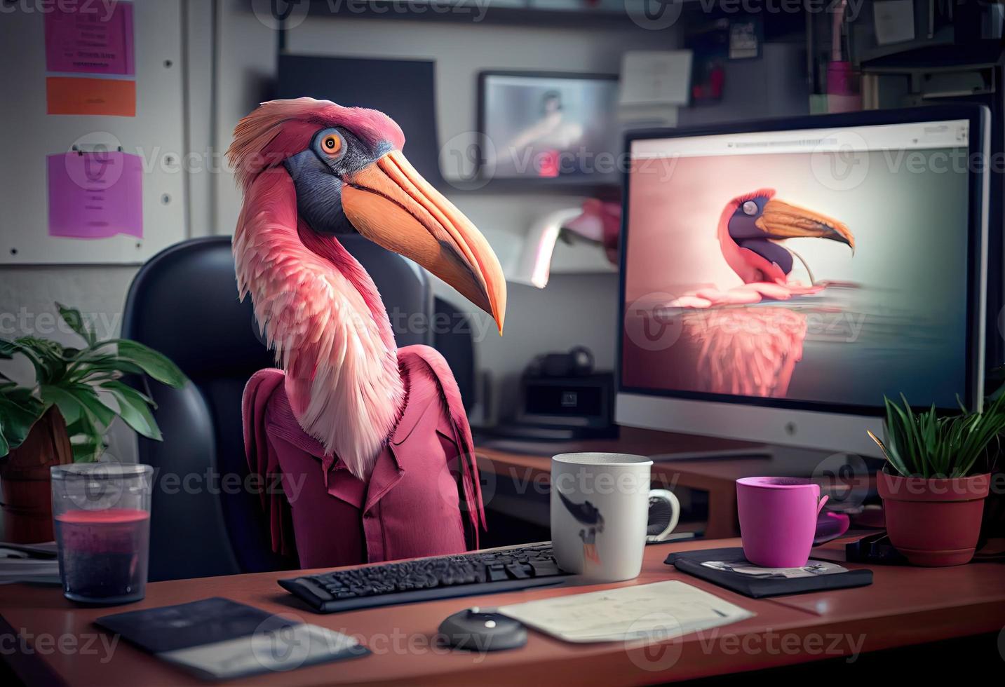 porträtt av ett antropomorf rosa pelikan som en utvecklare i de kontor. generera ai. foto