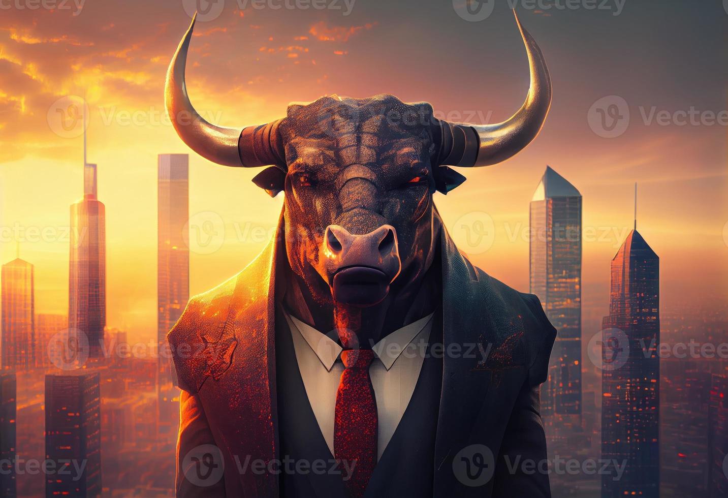 porträtt av ett antropomorf tjur klädd som en affärsman mot de bakgrund av en modern stad på solnedgång. generera ai. foto