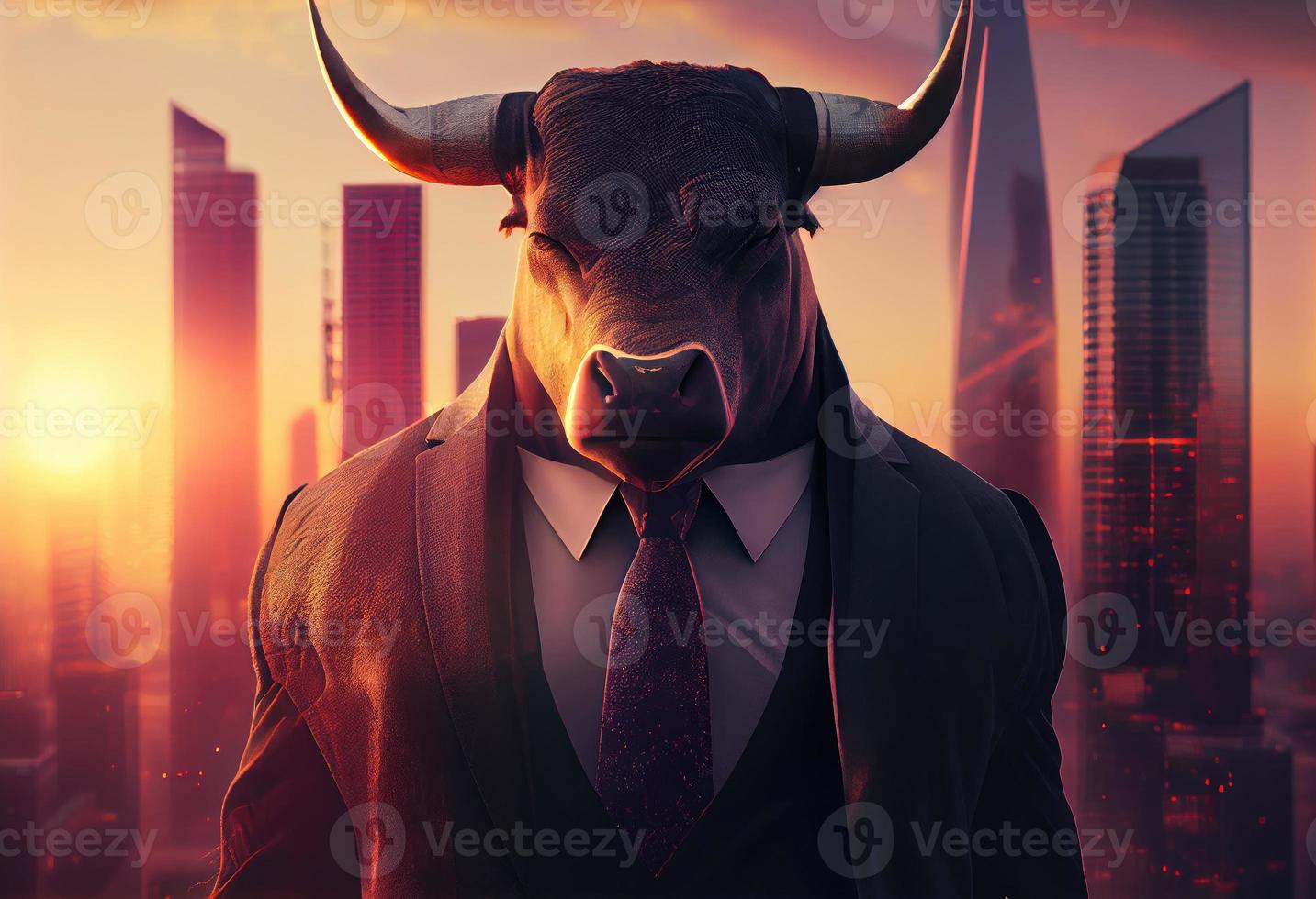 porträtt av ett antropomorf tjur klädd som en affärsman mot de bakgrund av en modern stad på solnedgång. generera ai. foto