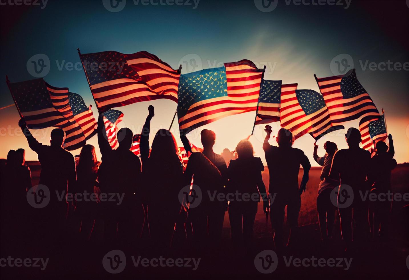 grupp av människor vinka amerikan flaggor i tillbaka belyst. generera ai. foto