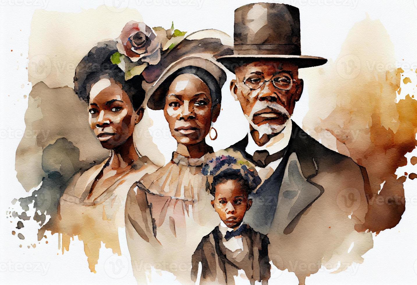 stor afrikansk amerikan familj vattenfärg porträtt. februari, afrikansk amerikan historia dag. generera ai. foto