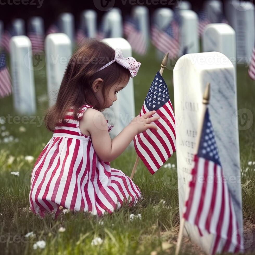 flicka i en kyrkogård med ett amerikan flagga. fira minnesmärke dag. generativ ai foto