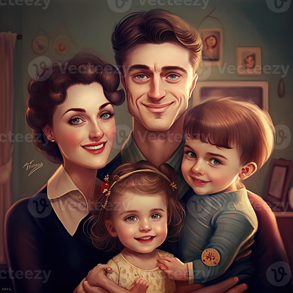Lycklig familj. familj porträtt, mamma, pappa och barn. generativ ai foto