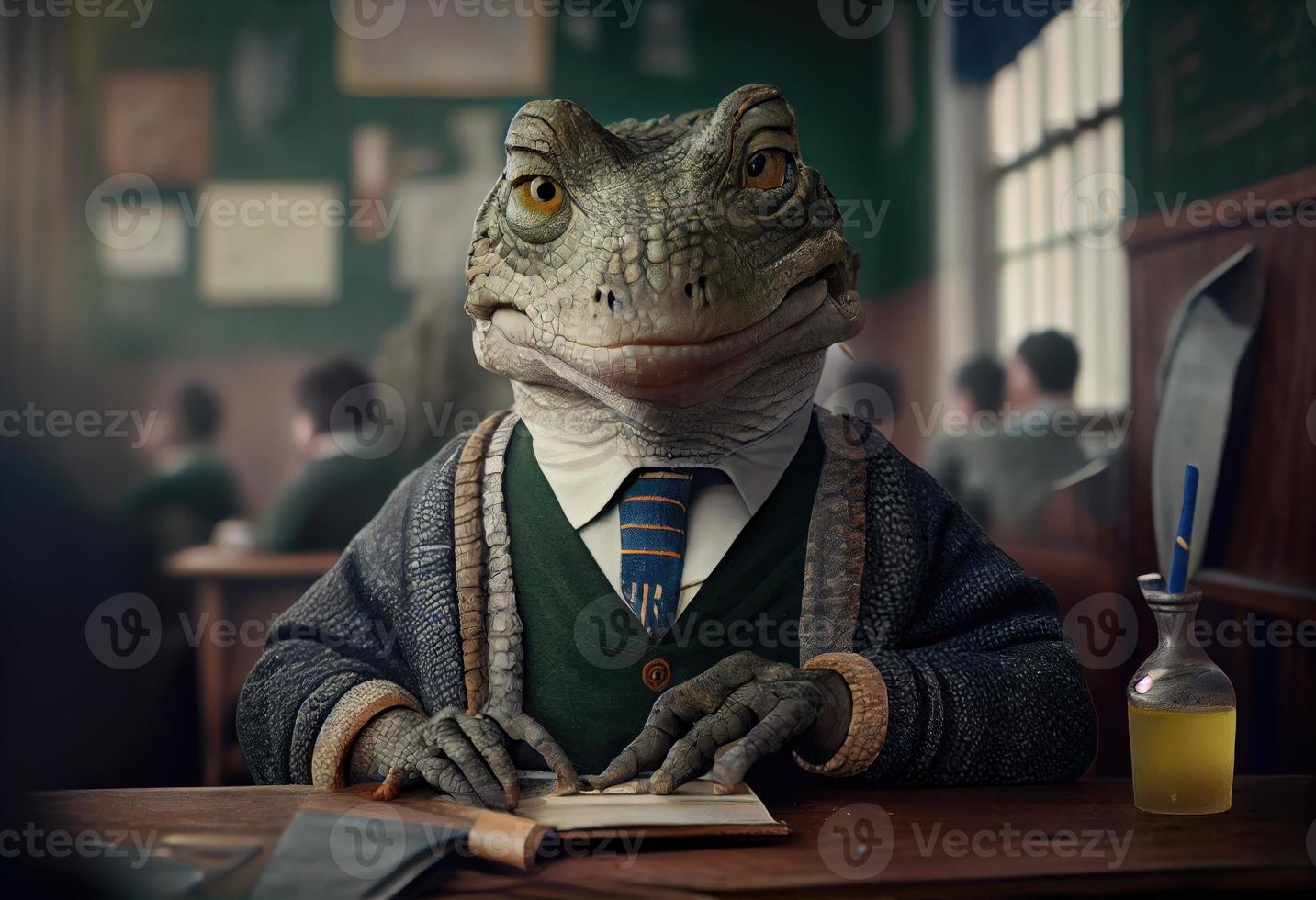 porträtt av ett antropomorf krokodil klädd som en skol i en klassrum. generera ai. foto