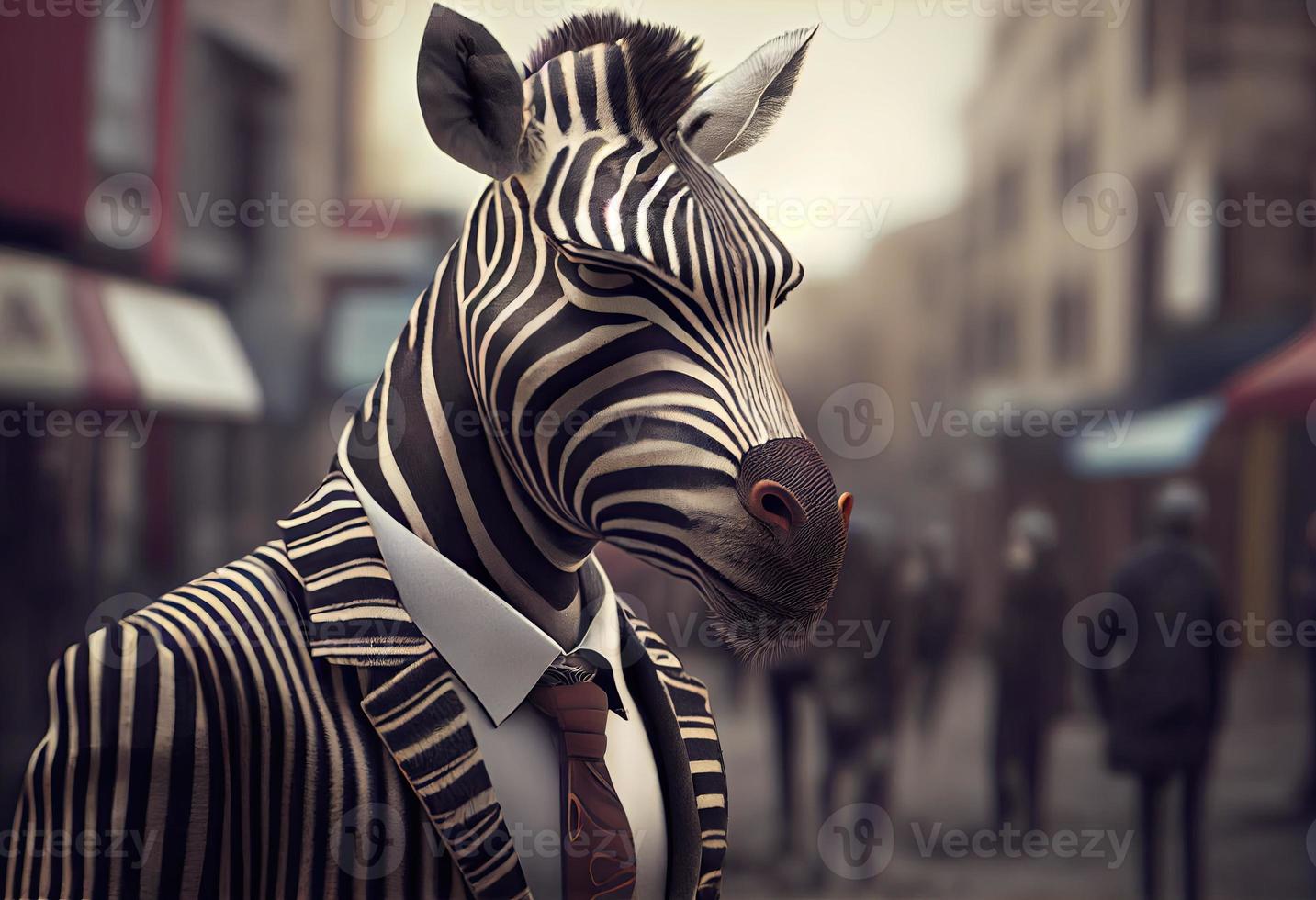 porträtt av ett antropomorf zebra affärsman roaming de stad gator. generera ai. foto