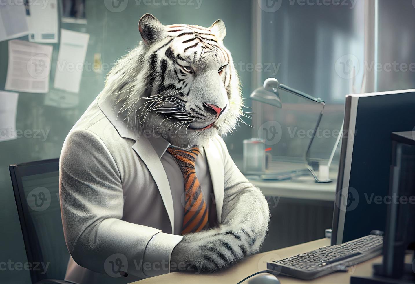 porträtt av ett antropomorf vit tiger som en utvecklare i de kontor. generera ai. foto
