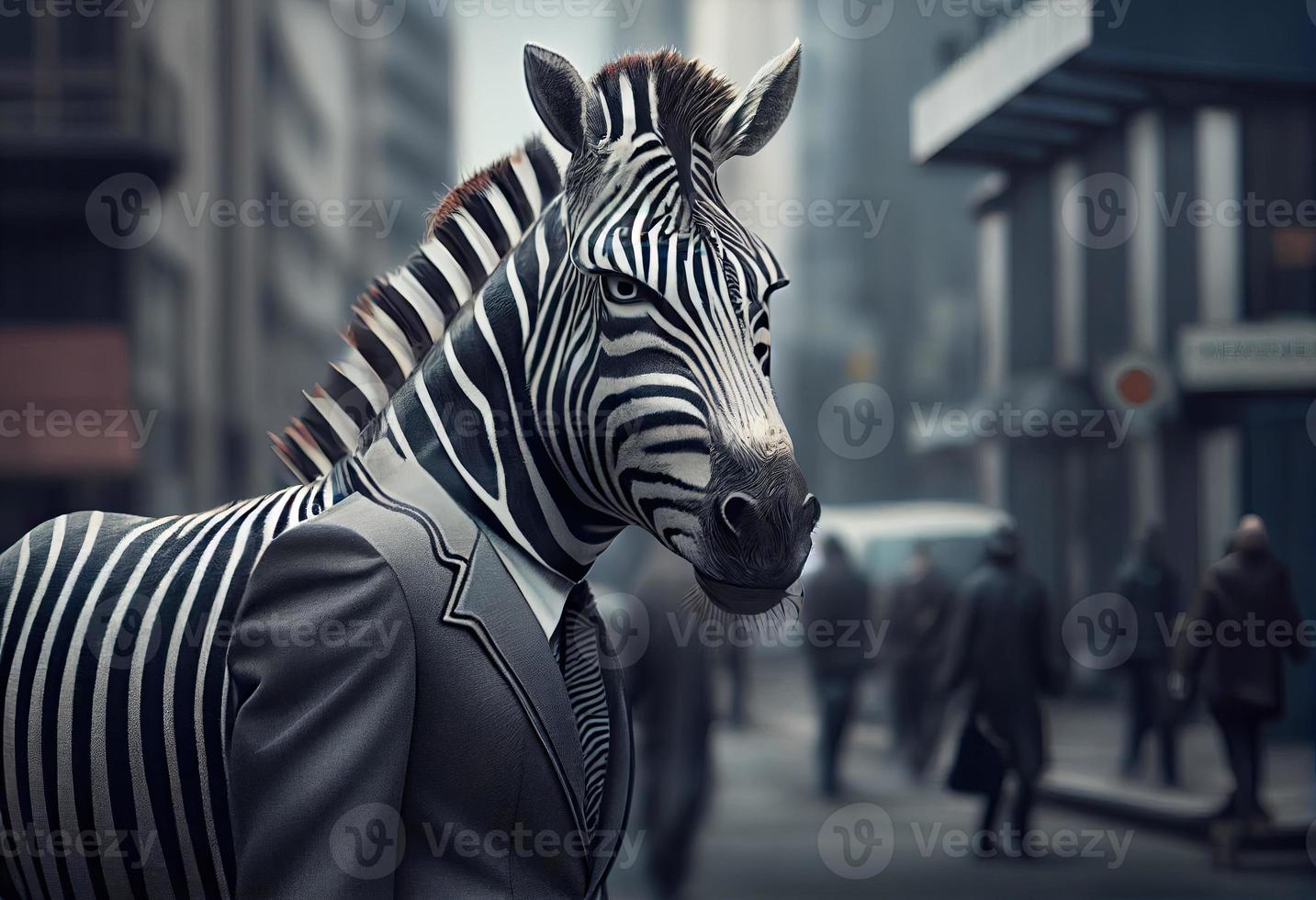 porträtt av ett antropomorf zebra affärsman roaming de stad gator. generera ai. foto