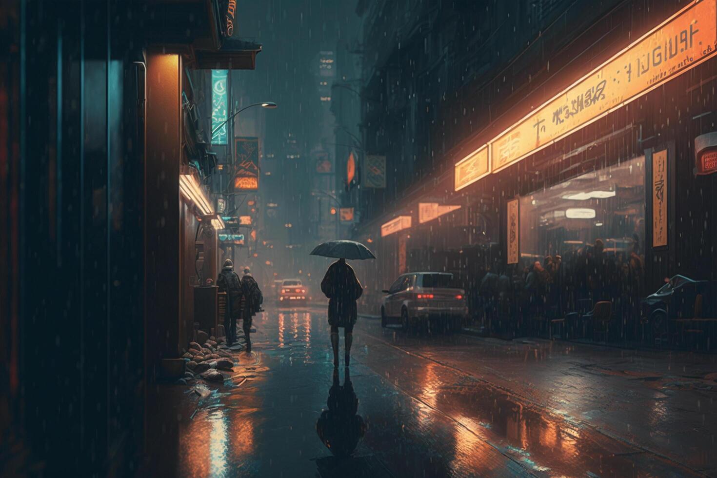 trafik i de stad på natt med tung regn. 3d tolkning generativ ai foto