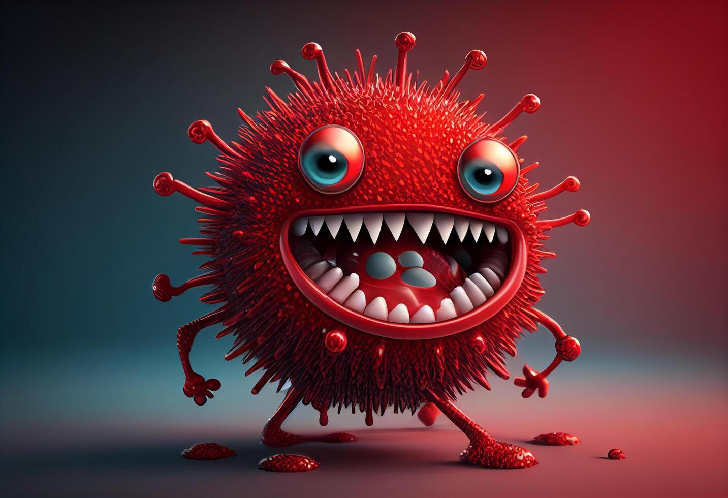 röd tecknad serie virus karaktär med ögon och mun. 3d illustration. generativ ai foto