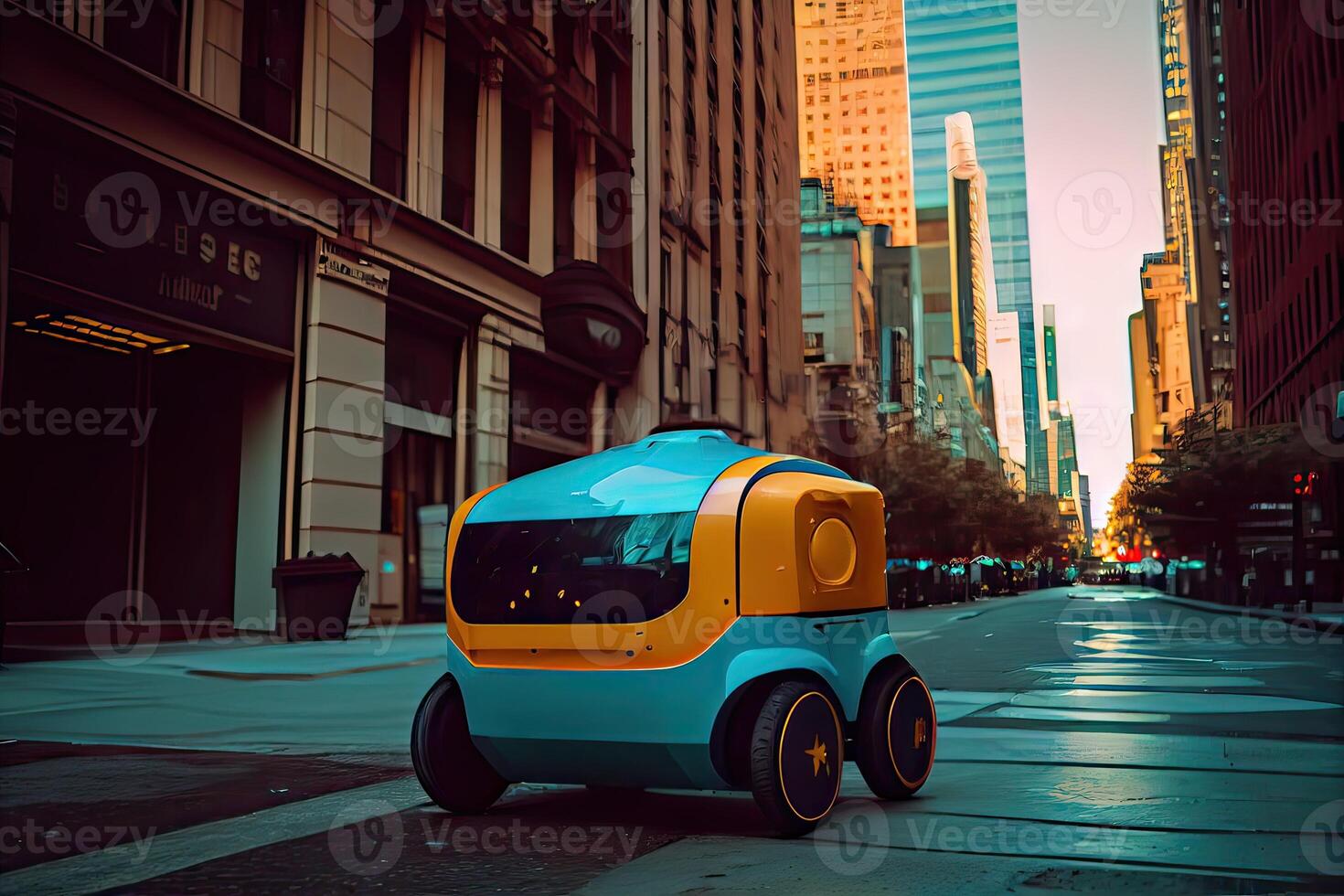 generativ ai illustration av de framtida av leverans teknologi med autonom kurir robotar i livliga urban landskap, en leverans robot som väl som autonom leverans bilar skapas förbi en företag foto