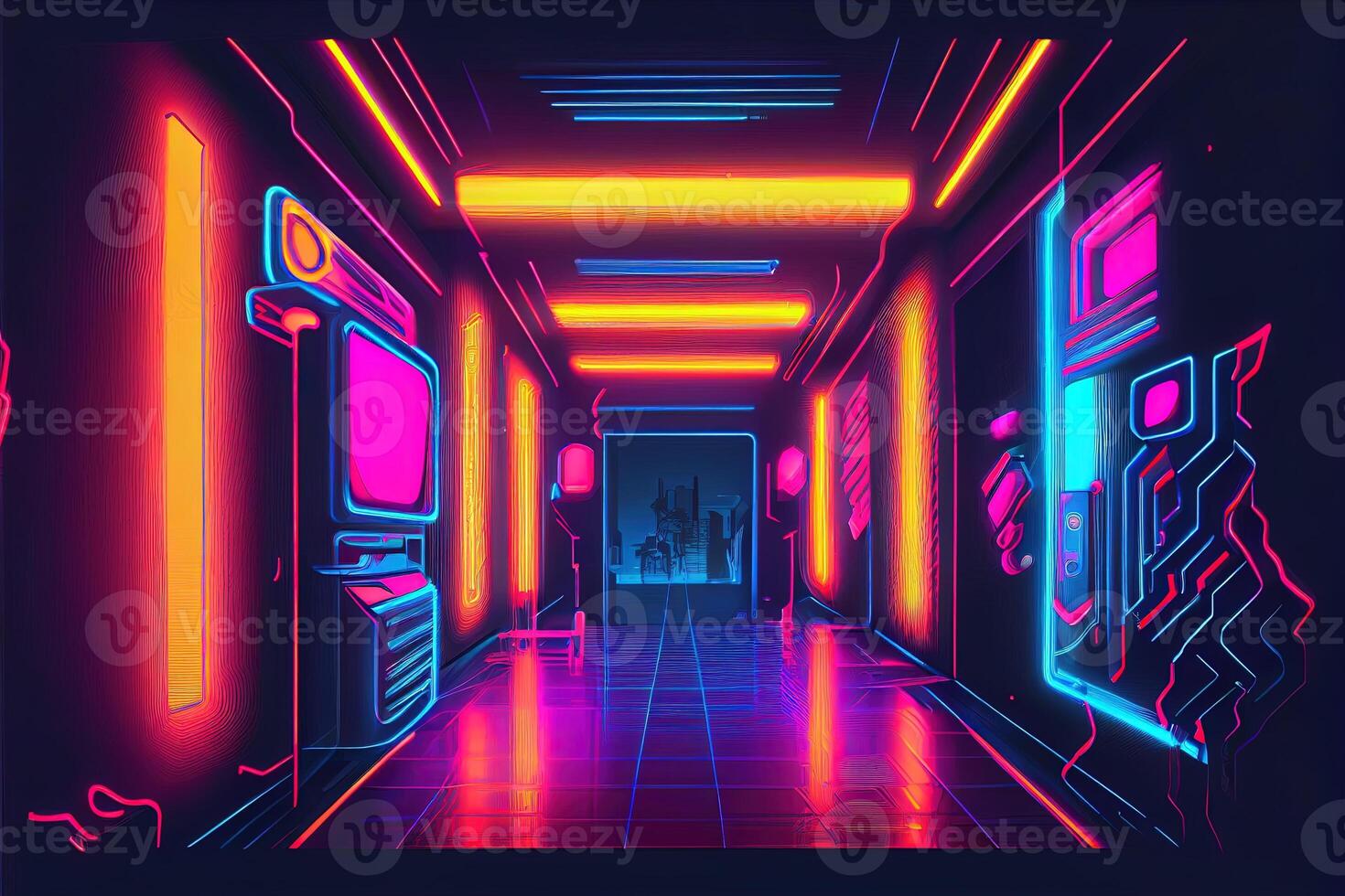 generativ ai illustration av gaming bakgrund, abstrakt cyberpunk stil av gamer tapet, neon glöd ljus av scifi fluorescerande pinnar. digitalt genererad bild foto