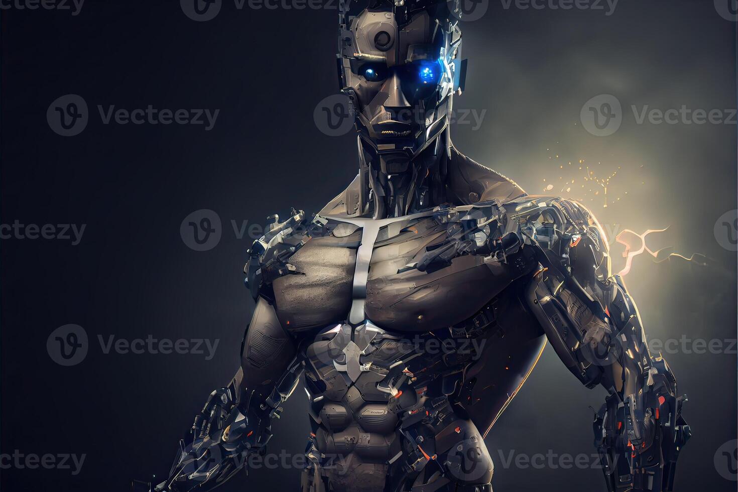 generativ ai illustration av robot vändning mänsklig fortfarande ha hud, in i cyborg, cyberpunk bakgrund foto