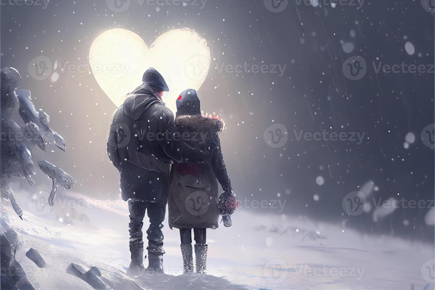generativ ai illustration av en häftig snöstorm av kärlek. par kissing i snö. stor hjärta. kärlek och valentine dag begrepp. neuralt nätverk genererad konst. digitalt genererad bild. foto