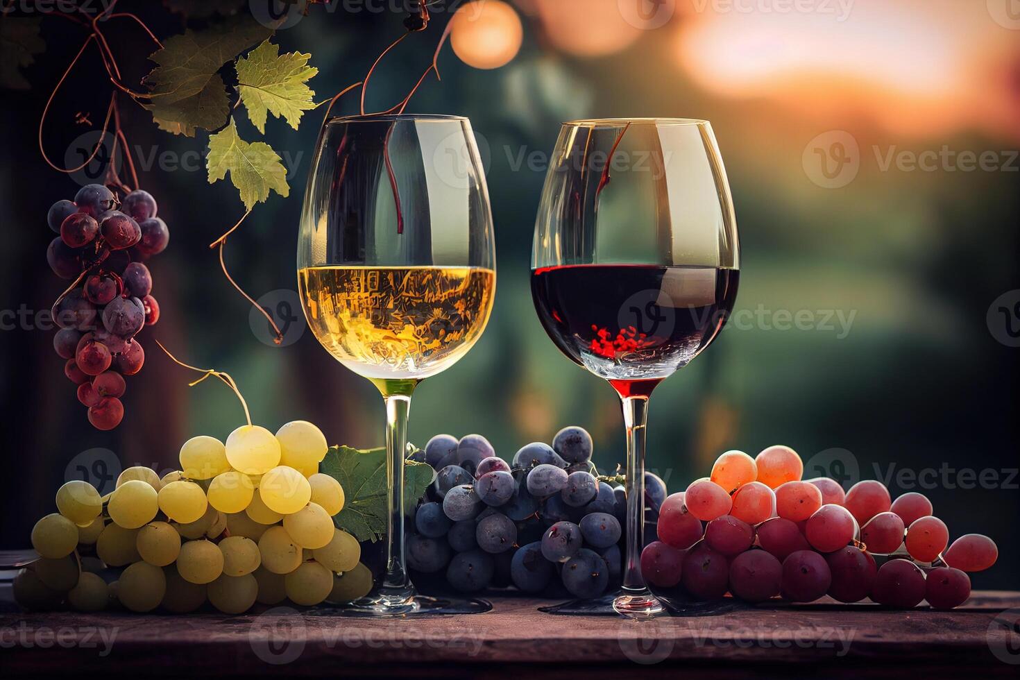 generativ ai illustration av glasögon av röd och vit vin och mogen vindruvor på tabell i suddig vingård foto