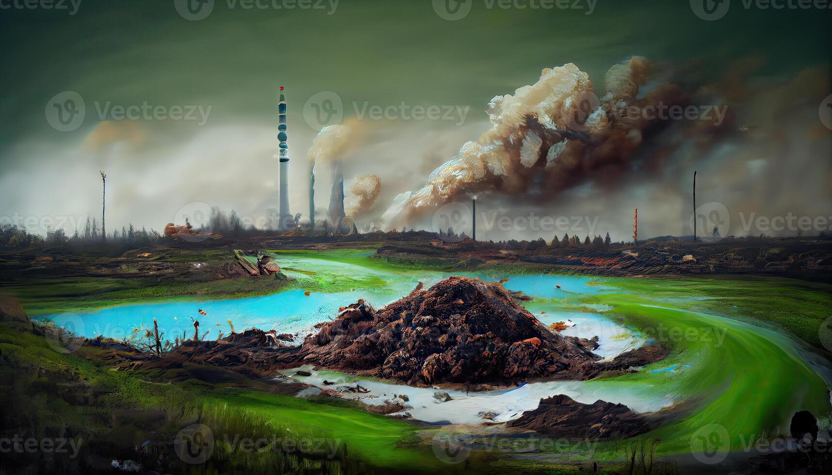 generativ ai illustration av landskap med ekologisk katastrof. förorenad jord och hav foto