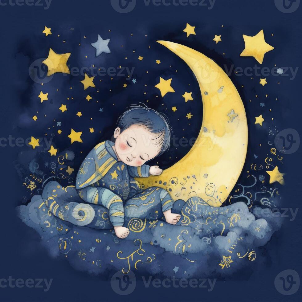 bebis sovande bland blå himmel, ljus måne och stjärnor, tecknad serie med generativ ai foto