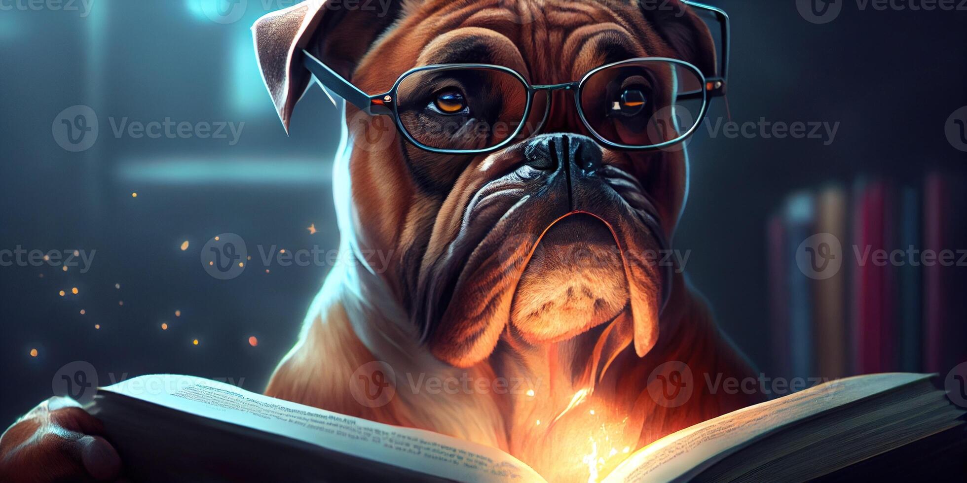 generativ ai illustration av intelligent allvarlig hund i glasögon läsning en bok, volumn ljus foto