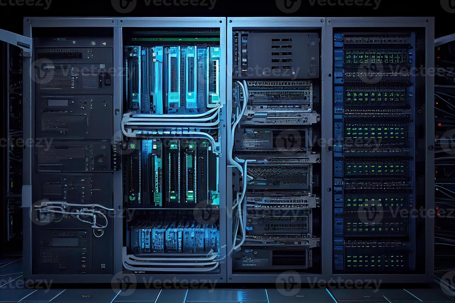 generativ ai illustration av en plattform för värd samtida internet innehåll. kuggstång hus server data lagring hårdvara. de Utrustning i de data Centrum är ansluten förbi en massa av nätverk kablar foto